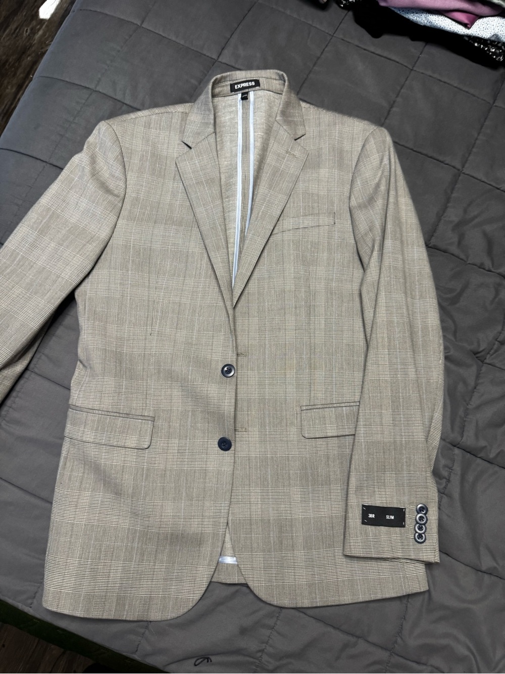 Express Men's Tan Plaid Two-Button Suit Blazer